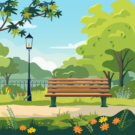 Bench in summer public garden. City park with green trees, grass, wooden bench and lantern. Vector illustration cartoon landscape with empty parkのイラスト素材