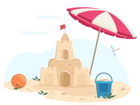 Sandcastle on the seashore. Beach sand castle vector illustration in flat style isolated on white background. Happy childhood. Fortress with towers, gates and flagのイラスト素材