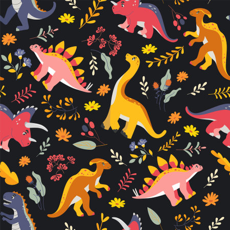 Vector colored seamless repeating pattern for kids with cute dinosaurs, plants and flowers on dark background. Bright girls pattern with pink and yellow dino.のイラスト素材