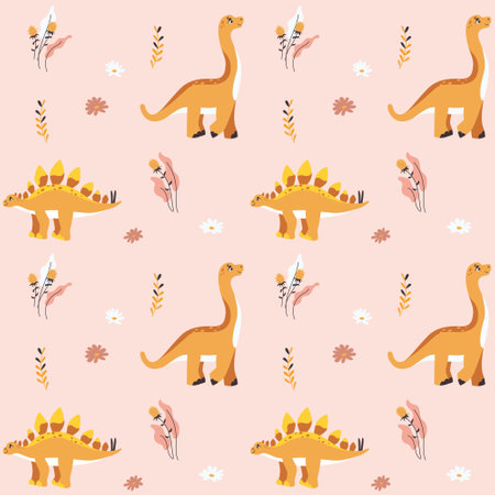 Vector colored seamless repeating pattern for children with cute dinosaurs, plants and flowers in Scandinavian style on a pink background. Design for a girl in pastel colors with pink and yellow dino.のイラスト素材