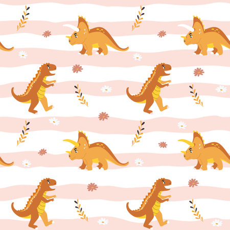Vector colored seamless repeating pattern for children with cute dinosaurs, plants and flowers in Scandinavian style with stripes background. Design for a girl in pastel colors with dino.のイラスト素材