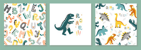 Beautiful set of cards with dino patterns and composition. Vector colored seamless repeating children design with cute dinosaurs, plants and comic Dino quotes in Scandinavian style on white backgroundのイラスト素材