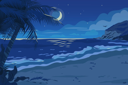 Tropical sand beach panoramic view with palm trees and rocks on the seashore. Seascape night view cartoon flat vector illustration. Romantic landscapes of tropical nature. Sea coast scenery backgroundのイラスト素材