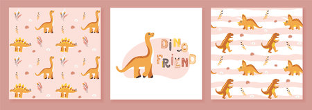 Set of cards with dino patterns and composition for girl. Vector pastel seamless repeating children design with cute dinosaurs, plants and comic Dino quotes in Scandinavian style on white backgroundのイラスト素材