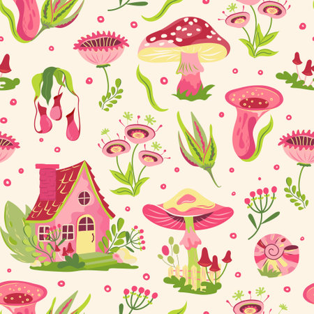 Bright pink groovy cottagecore seamless pattern with house and mushrooms on light yellow background. Retro surreal wallpaper with fun fungi and toadstools, agaric. Vintage design 60s, 70s style.のイラスト素材