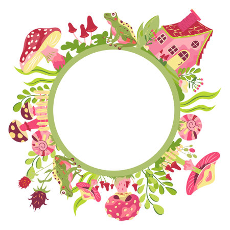 Cottagecore round frame with house, mushrooms, flowers. Vector fairy tale with fly agaric in cartoon style. Forest magic illustration surreal design with fun cottage, fungi and toadstoolsのイラスト素材