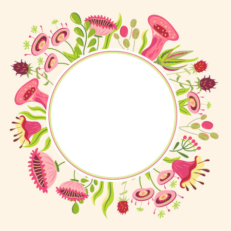 Cottagecore round frame with pink wild flowers. Vector card with fairy plants in cartoon style on light yellow background. Lovely hand drawn floral illustration surreal vintage design 60s, 70s style.のイラスト素材