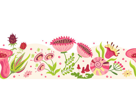 Cottagecore seamless border with shell and wild flowers. Vector fairy pink flower meadow illustration in cartoon style. Lovely hand drawn horizontal floral magic pattern surreal vintage design 60s 70sのイラスト素材