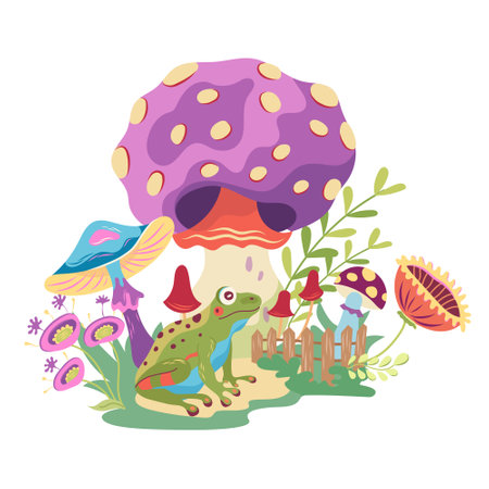 Cottagecore aesthetic composition with mushrooms and frog. Vector fairy design with fly agaric in...