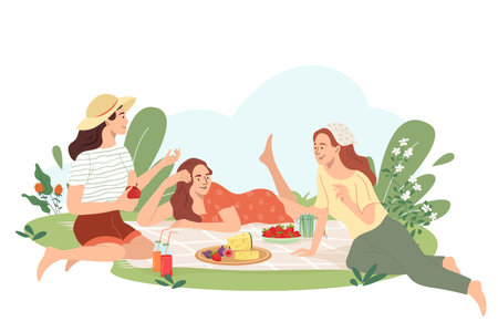 Young women at picnic in the park. Bundle of happy girls eating spend time together on the lawn outdoors. Friends relaxing and support each other on summer vacation. Flat cartoon vector illustrationのイラスト素材