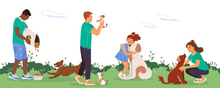 Set of happy pet owners with dogs. Collection of characters playing, hugging, cuddling with four-legged animal friends. People walk with pets in city park. Colored flat vector illustration.のイラスト素材