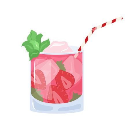 Strawberry mojito realistic cocktail in glass with lime, ice, mint leaves and drinking straw. Vector illustration pink summer beach cocktail isolated on white background.のイラスト素材