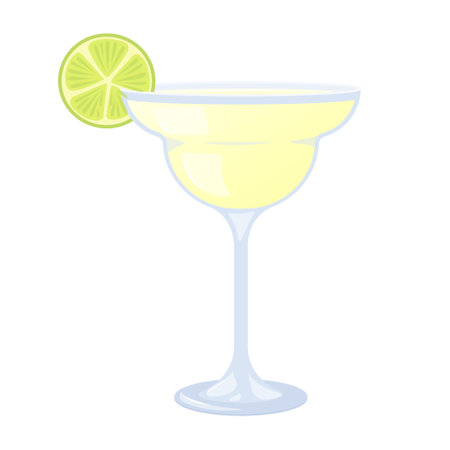 Summer cocktail. Margarita cocktail with lime in a glass, summer tropical alcoholic drink. Beach Holidays, summer vacation, party, cafe-bar, recreation concept. Isolated vector Illustration.のイラスト素材