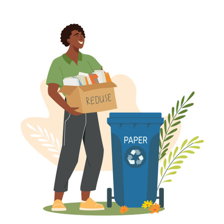 Black-skinned young man throwing out paper waste, sorting garbage. Boy separating trash to promote cleanliness and sustainability. Vector illustration for environment and ecology protection conceptのイラスト素材