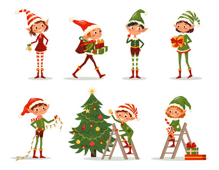 Collection of different cartoon elves isolated. Santa Claus little helpers fun characters decorate Christmas tree, jump, run, smile, gift box. Icons set for Christmas card, pattern, banner, stickerのイラスト素材
