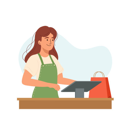 Woman at mall checkout flat vector illustration. Concept girl seller, vendor at workplace. Vector illustration of young girl is processing sale at the checkout isolated on white background.のイラスト素材