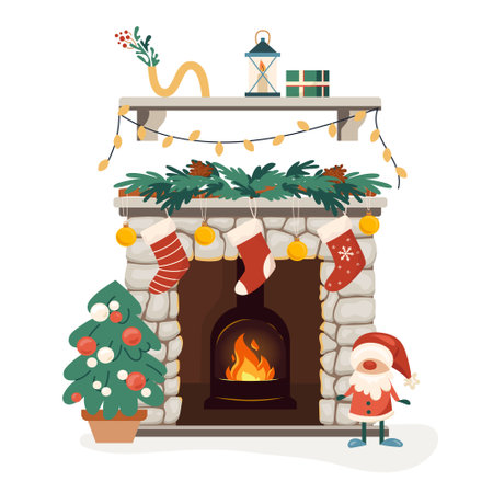 Cozy Christmas interior bonfire or hearth with mantelpiece. Home winter fireplace with socks, gifts, firs inviting warm fire. Warm cozy hearth exudes holiday cheer. Vector flat illustrationのイラスト素材
