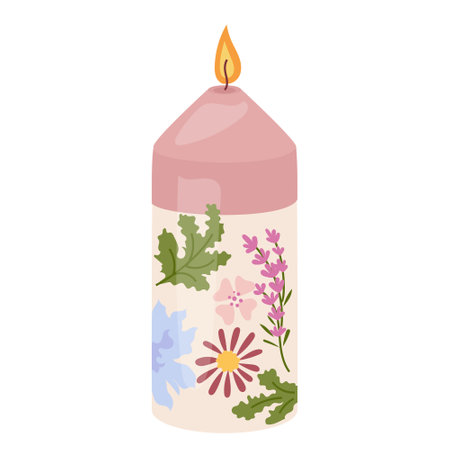 Burning candle decorated with herbs and flowers. Scented candlelight with flame exudes cozy relax atmosphere Aromatherapy, relaxation, home decoration. Flat vector illustration isolated on whiteのイラスト素材
