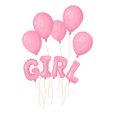 Gender reveal party banner element Girl pink helium balloons flies high. Ideal for baby shower invitations, cards and party decor Festive vector design for celebrations, isolatedのイラスト素材
