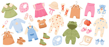 Set of baby and toddler clothes and accesories clipart. Simple cozy kids wear bodysuit, jumpsuit, romper, dress and playful shoes, hats. Infant apparel fashion flat vector illustrationのイラスト素材