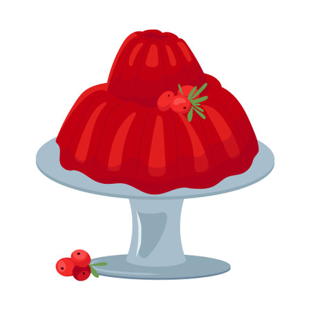 Red glossy cranberry jelly on plate festive dessert . Pink berry pudding design element decorated fresh cranberries. Vector illustration of sweet gelatin dessert isolated on white backgroundのイラスト素材