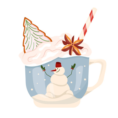 Mug with cocoa or latte with spices and gingerbread to keep warm on winter days. Atmospheric cup with snowman. Christmas mood illustration in vector. For holiday advertising, baking, banners and cardのイラスト素材