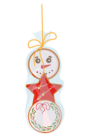 Christmas gingerbread sugar glaze cookies Sweet homemade biscuit of hand painted ginger cake star, snowman and wreath. Vector winter food illustrations isolatedのイラスト素材
