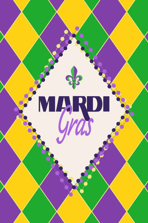 Dynamic carnival flyer with diamond pattern designed in vertical format Vector template capturing lively atmosphere of masquerade celebration Perfect for event prints, greeting card and festive bannerのイラスト素材