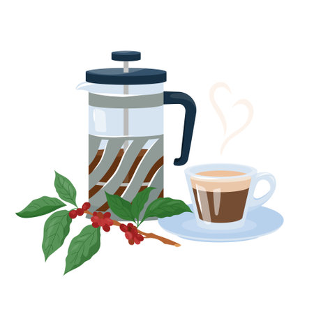 French press maker, glass coffee pot. Flat vector illustration of glass coffeemaker with piston. Coffee brewing concept. Elegant kitchen device design for website, banner or merchandise productのイラスト素材