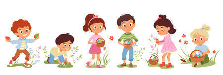 Collection of vector cartoon children hunting for Easter eggs Boys and girls searching colorful eggs during holiday festivities Perfect kids character design for typography, cards, flyers, invitationsのイラスト素材