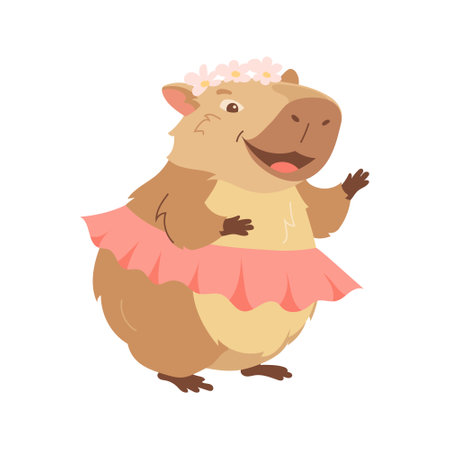 Cartoon pretty capybara in skirt and wreath on her head. Design element of funny animal, cute biggest rodent. Flat vector childrens design illustration for print, greeting card, packaging, fabricsのイラスト素材