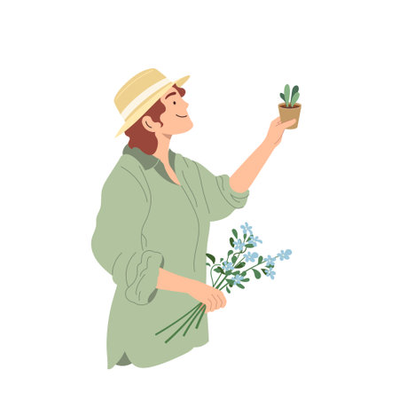 Beautiful girl admiring young houseplant Colorful concept of home gardening, houseplant care Flat vector illustration highlights trend of nurturing greenery indoors isolated on white backgroundのイラスト素材