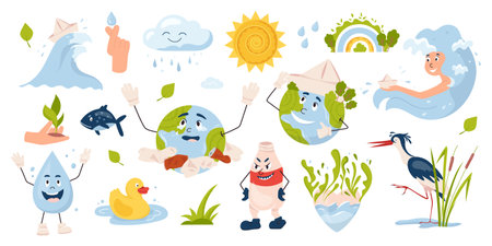 Save earth cartoon stickers set. Caring for nature and environment. Cute planet earth character. Save water and planet, stop plastic. Eco-friendly concept. Flat vector illustrations isolatedのイラスト素材