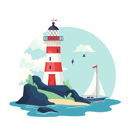 Marine landscape with lighthouse and sailboat. Yachting composition with view of water bay and sailing yacht with nautical navigation red white stripes tower and beacon lights Flat vector illustrationのイラスト素材