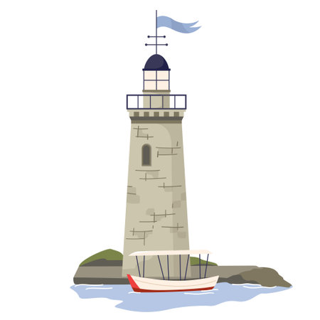 Stone lighthouse with boat Nautical navigation tower helping ships to navigate. Marine seaside architecture Construction tower with observation point and signals. Flat vector illustrationのイラスト素材