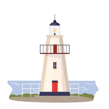 Stylized lighthouse with sea coast Marine seaside architecture. Symbol of coastal safety, design element. Construction nautical tower with observation point and signals. Flat vector illustrationのイラスト素材