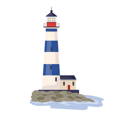 Lighthouse with ocean beach rocks Nautical navigation tower with blue white stripes and beacon lights helping ships to navigate. Marine seaside architecture design element Flat vector illustrationのイラスト素材