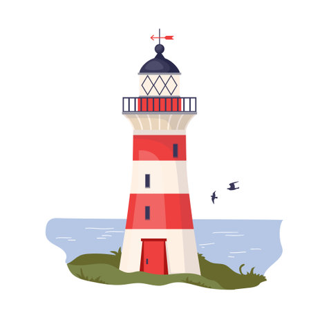 Lighthouse with sea coast Cartoon nautical navigation tower with red white stripes and beacon lights helping ships to navigate. Marine seaside architecture design element Flat vector illustrationのイラスト素材