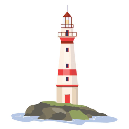 Lighthouse with ocean beach rocks Nautical navigation tower with red white stripes and beacon lights helping ships to navigate. Marine seaside architecture design element Flat vector illustrationのイラスト素材