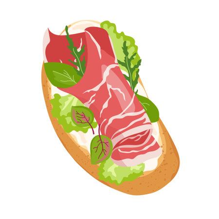 Spanish ham tapas on toasted bread with soft cheese. Jamon and salad on crispy slice of toasted bread. Top view of Italian bruschetta with prosciutto ideal appetizer or snack. Flat vector illustrationのイラスト素材
