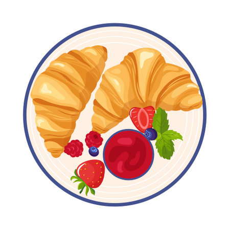 Croissant with jam and berries on a plate, top view flat vector illustration. Delicious baked pastry, traditional french breakfast food concept. Freshly baking with syrup, blueberries and raspberriesのイラスト素材