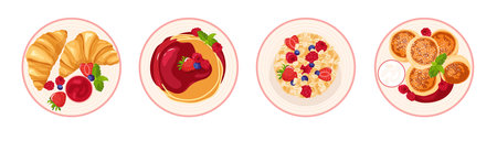 Set of four tasty sweet breakfast dishes: croissants with berries, pancakes with syrup, oatmeal with fresh fruit, and cottage cheese pancake Top view design element. Colorful flat vector illustrationのイラスト素材