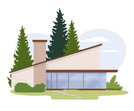 Modern glamping house with panoramic windows and wooden facade surrounded by fir trees. Stylish modular eco-home in forest Comfortable outdoor recreation concept. Flat vector illustration isolatedのイラスト素材