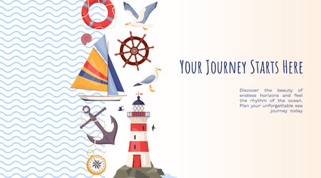 Vector banner template of lighthouse, sailboat, anchor, ship wheel, lifebuoy and seagulls Marine background, nautical concept Perfect for sea travel designs, summer vacation and coastal illustrationsのイラスト素材