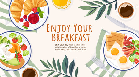Vector banner with delicious breakfast dishes, croissants, eggs, toast, vegetables and coffee Tasty food on plate with striped tablecloth Morning meal template with text for web pages, website, posterのイラスト素材