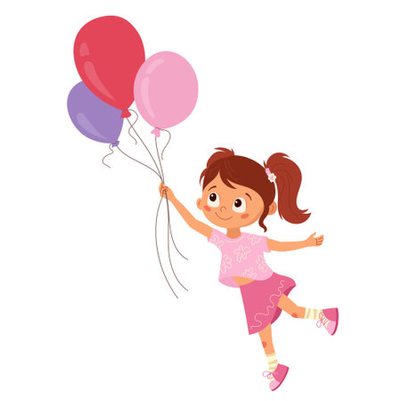 Happy little girl in pink outfit holding colorful balloons. Cheerful child character with ponytail smiling and playing. Cartoon design element for kids celebration or party. Vector illustrationのイラスト素材