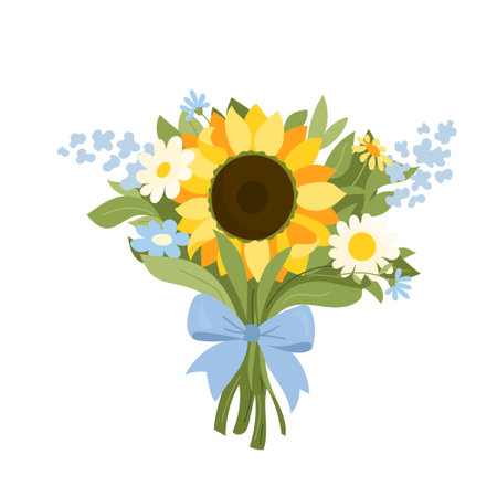 Hand drawn wildflower bouquet. Flat vector colorful floral composition with sunflower, daisies and meadow herbs. Decorative botanical element for cards, packaging, eco and rustic design projectsのイラスト素材