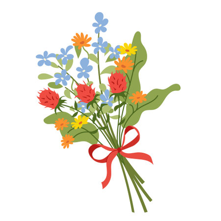 Hand drawn wildflower bouquet. Flat vector colorful floral composition with wild blooming meadow herbs. Decorative botanical element for cards, packaging, eco and rustic design projectsのイラスト素材