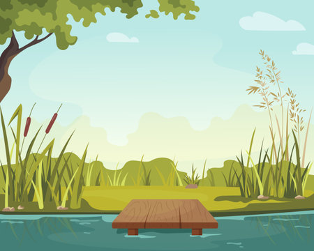 Scenic summer landscape with river, wooden pier, green grass and reeds. Peaceful nature background with copy space. Flat vector nature illustration for banner, poster, card, print or outdoor designのイラスト素材