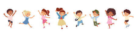 Happy cartoon kids jumping joyfully. Smiling classmates boys and girls having fun. Fun childhood characters for card, banner, poster, design element, back to school print. Vector illustration isolatedのイラスト素材